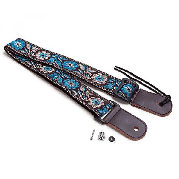 CLOUDMUSIC Colorful Hawaiian Style Cotton Ukulele Strap Blue White Flower (Brown) #1 image